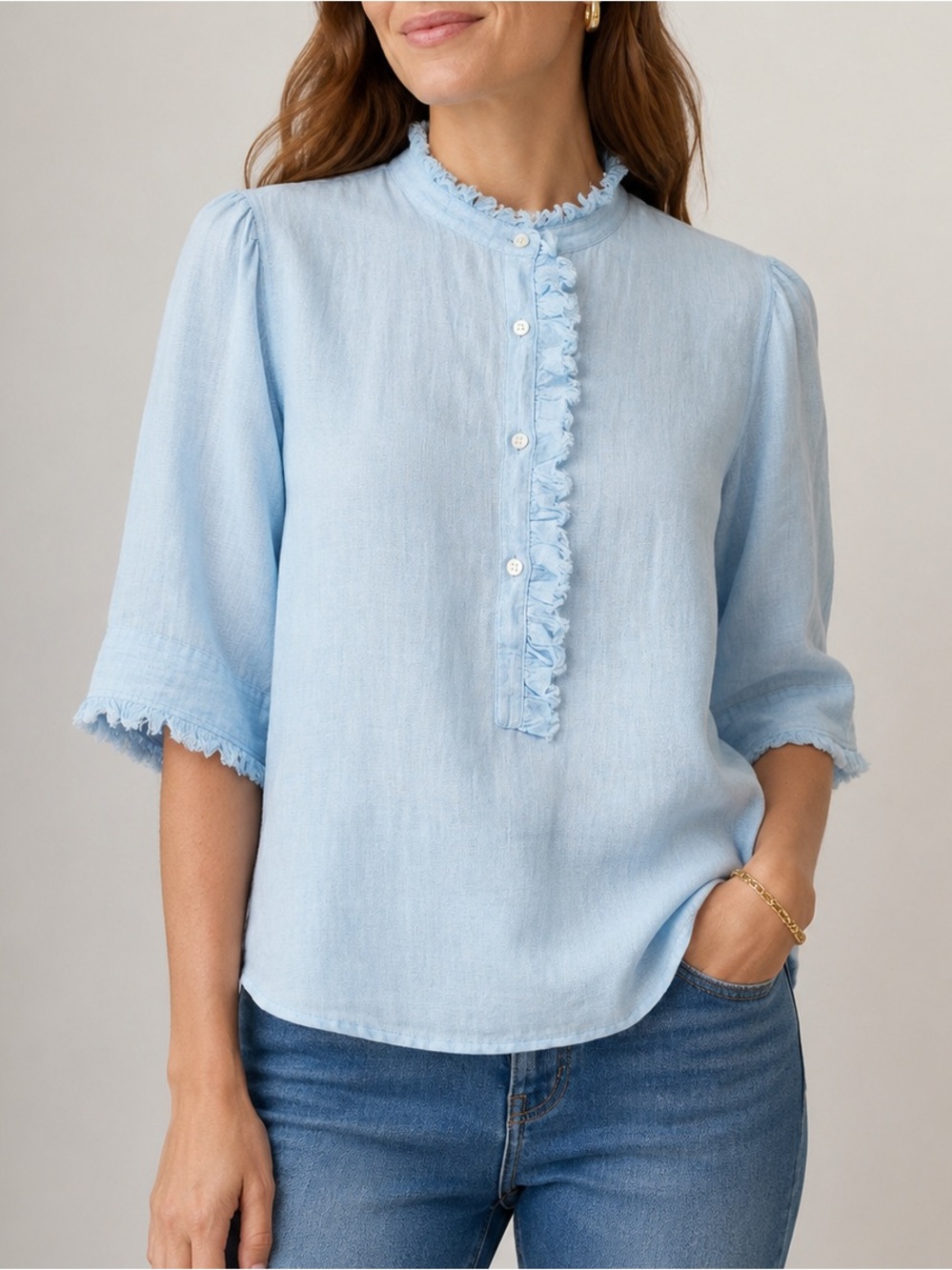 ANN MASHBURN Light Blue Linen Frill Top  Ruffle Frayed Trim Lightweight Summer